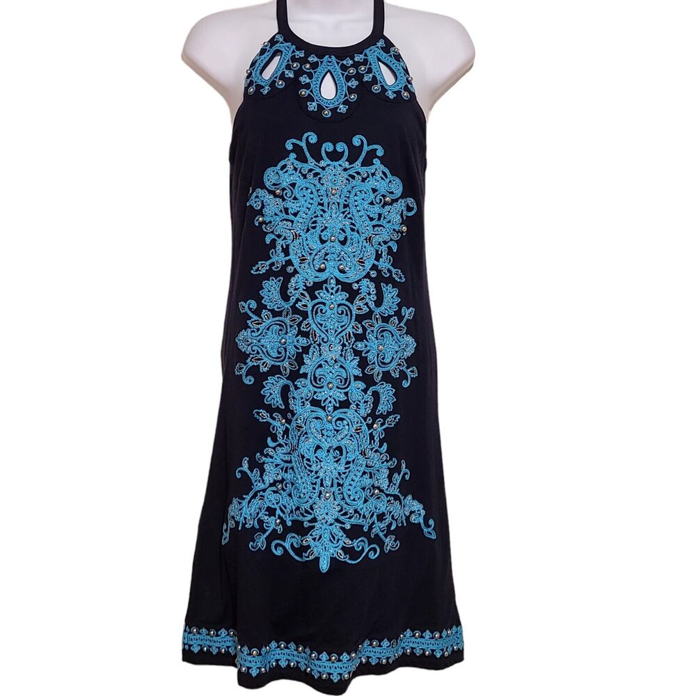 INC International Concepts Womens Halter Dress Sz XS Blue Embroidered Studs